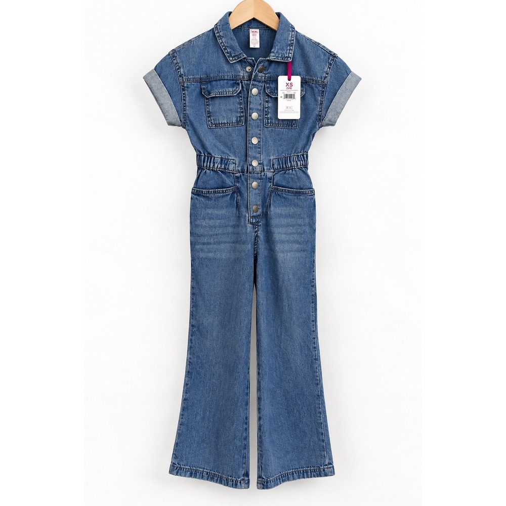 Justice Girls Denim Utility Jumpsuit Blue Short Sleeve Size XS 5/6 NWT